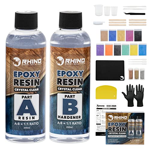 Epoxidharz Set RHINO Smart Solutions für Anfänger Resin Gießharz Starterset + Härter (1:1) Glasklar Schnellhärtend mit Zubehör, Pigmenten | Holz Kunsthandwerk, Schmuck, Heimwerken, Beschichten