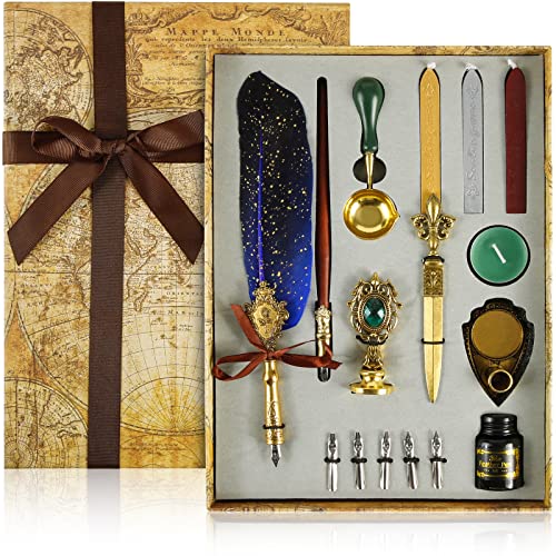 Sterneer Kalligraphie Set, Schreibfeder Kaligraphiestifte Set, Vintage Federstift Set mit federn, Siegelstempel für Briefpapier Geschenk (Blau)