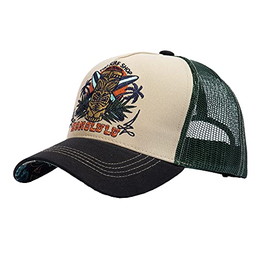 King Kerosin Herren Trucker Cap • Hawaiianischer Tiki Frontpatch • Rockabilly Mesh Cap • Snapback Mütze • Retro Vintage Design • Atmungsaktiv • Verstellbar • Baseball • Honolulu