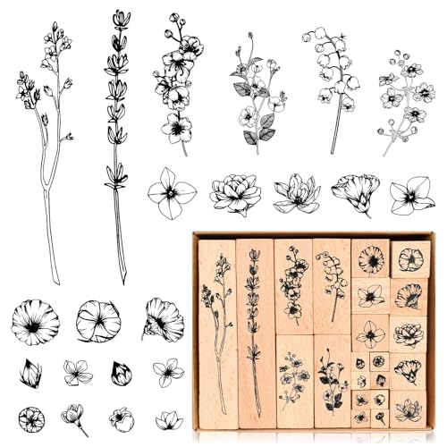 22 Stück Holzstempel Set, Vintage Holzstempel Blumen und Blätter Stempel, Pflanzen Blumen Gräser Holzstempel zum Basteln, Stempel Holz mit Naturpflanzen Mustern, für DIY Scrapbooks Tagebücher Crafts