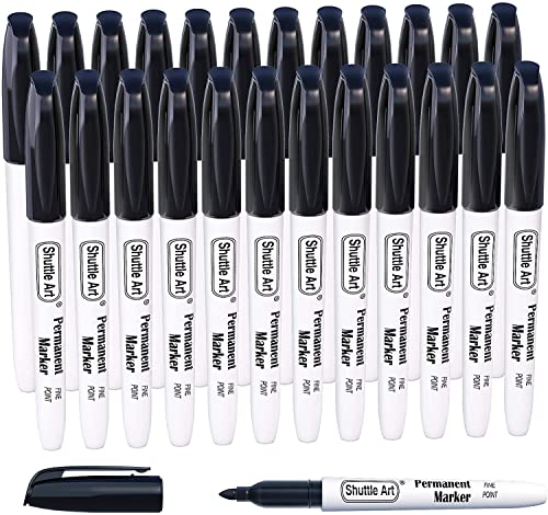 Shuttle Art Permanent Marker, 24 schwarze Permanentmarker mit feiner Spitze, wasserfest, Filzstifte, für Kunststoff, Stein und Glas zum Bemalen und Markieren geeignet