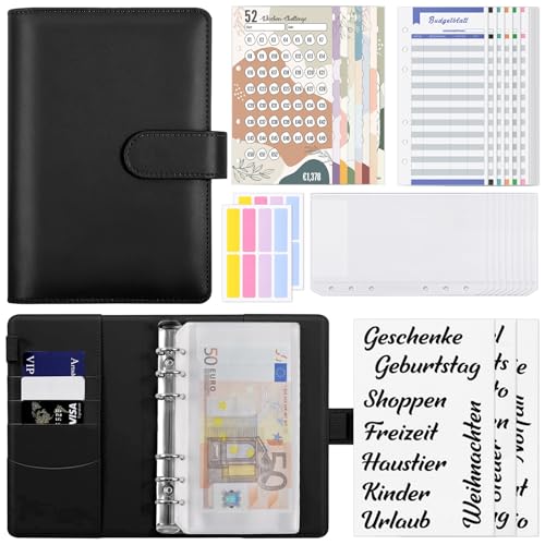 KONVINIT Budget Planner Deutsch,A6 Sparchallenge Budgetplaner,Budget binder mit 8 Sparchallenges 1€ | 2€ | 5€ | 10€ | 1000€| 52 Wochen Finanzplaner Haushaltsbuch Geld organizer,schwarz