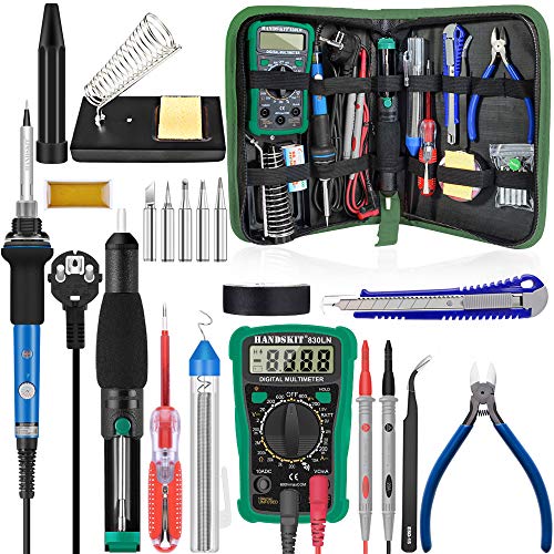 Lötkolben Set, HANDSKIT lötkolben 12in1 Lötset【Neuste Version】60W Digitale Lötstation Temperatur 220°C-450°C Regelbar mit 5 Lötspitzen/Digital Multimeter/Entlötpumpe/Lötkolbenständer/Lötzinn/Pinzette