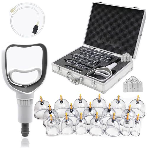 Schröpfgläser mit Vakuumpumpe, Cupping Set,18 Stück Schröpfsets für Gesicht und Körper, Schröpfen zur Gegen Spannung und Entspannen Muskeln, Schröpfglas mit Akupressurpunkt-Magneten (Storage Suitcase)