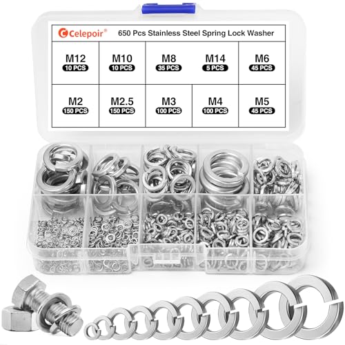 Celepoir 650 Stück Federringe Edelstahl Set, Federringe Sortiment M2/M2.5/M3/M4/M5/M6/M8/M10/M12/M14 Edelstahl, Unterlegscheiben Sperringe, Spiralförmige Federscheiben für Anziehen von Schrauben