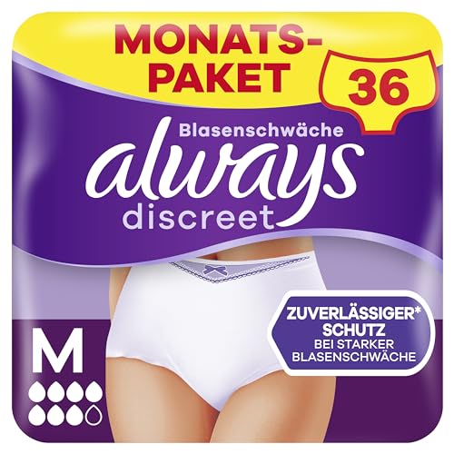 Always Discreet Inkontinenz Pants Gr. M, Plus, 36 Höschen (4 x 9 Stück) für Damen, Monatspaket, schliesst Gerüche und Flüssigkeit sofort ein (Verpackung kann variieren)