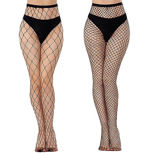 worahroe Netzstrumpfhose Damen Schwarz, Fischnetz strumpfhose, Fishnet Stockings, Netzstrümpfe für Frauen 2pcs Netzstrümpfe Hohe Taille Fischernetz Strumpfhosen für Damen