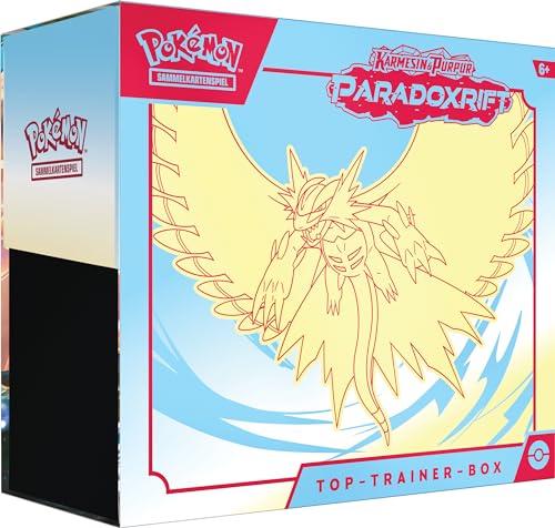 Pokémon-Sammelkartenspiel: Top-Trainer-Box Karmesin & Purpur – Paradoxrift: Donnersichel (9 Boosterpacks, 1 holografische Vollbild-Promokarte & Premium-Zubehör)