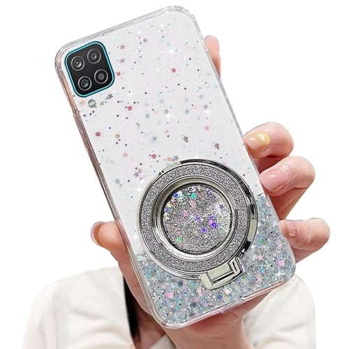 Tivenfezk Nadoli Sparkle Treibsand Ständer Hülle für Samsung Galaxy A22 4G,Versteckt Ständer Ring Klar Glitzer Stern Handyhülle Durchsichtig Bling Schutzhülle Case Cover,Klar