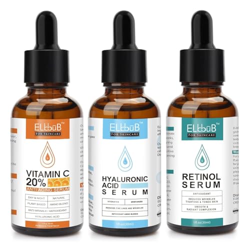 BIO Gesichtspflege Set mit Vitamin C Serum, Retinol Serum, Hyaluron Serum für das Gesicht, Glow-Booster, Aufhellendes,Dermaroller geeignet - Vegan Naturkosmetik für Gesicht/Augenpartie