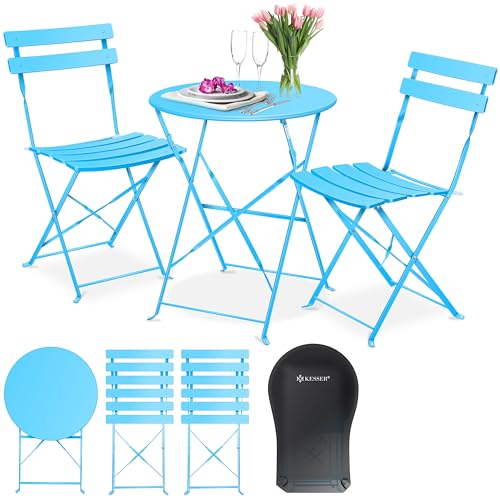 KESSER® Bistroset 3-teilig | Bistrotisch 2 klappbare Stühle Balkonset Balkonmöbel Klapp-Möbel Gartenset Sitzgarnitur Gartengarnitur Gartenmöbel Sitzgruppe Metall | Gartentisch mit Abdeckung Hellblau