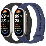 Mugust 2 Stück Armband für Xiaomi Mi Band 8/Xiaomi Mi Band 9 Armband, Weiches Silikon Atmungsaktiv Ersatzarmband für Xiaomi Mi Band 9/Xiaomi Mi Band 8 Armband (Schwarz+Abyss Blau)