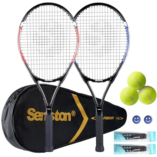 Senston Tennisschläger für Erwachsene 68,6 cm Tennisschläger – 2 Spieler Tennisschläger Set mit 3 Bällen, 2 Griffen, 2 Vibrationsdämpfern