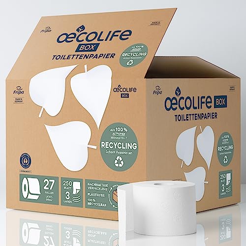 oecolife Toilettenpapier Box RECYCLING, 3-lagig, 27 Rollen x 250 Blatt, Großpackung, superweich, nachhaltiges Klopapier, wc papier ohne Plastikverpackung, wiederverwandbar