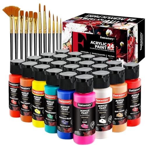 Fantastory Acrylfarben Set 24x 60ml,12 Pinsel;Exzellente Deckkraft,hohe Lichtechtheit,wasserfest Acrylic Paint;für Leinwand,Holz,Keramik,Modelle;Künstler,Profis,Anfänger[ProfessionelleSerie]