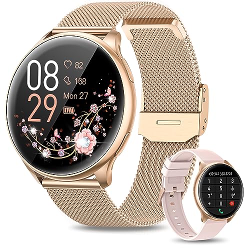 RUXINGX Smartwatch Damen mit Telefonfunktion 1.32" HD Voll Touch Screen, Armbanduhr mit SpO2 Pulsuhr Menstruationszyklus Schlafmonitor Schrittzähler Kalorien Fitness Tracker IP68 iOS Android Roségold