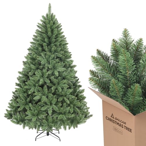 SALCAR 180 cm Künstlicher Weihnachtsbaum, naturgetreuer Tannenbaum mit 730 Spitzen, grüne Nordmanntanne mit Klappsystem, ca. 126 cm übergroßer Baumdurchmesser