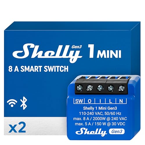 Shelly 1 Mini Gen3 | WLAN und Bluetooth Smart Relais Schalter mit Trockenkontakt | 1 Kanal 8A | Lichtsteuerung | Alexa und Google Home | iOS-Android-App | Kein Hub erforderlich (2er-Pack)