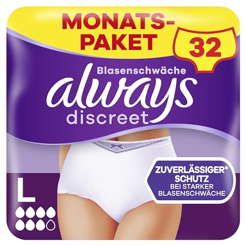 Always Discreet Inkontinenz Pants Gr. L (32 Höschen) Monatspaket, diskreter Schutz & hohe Saugstärke, geruchsneutralisierend, 4 x 8 Stück (Verpackung kann variieren)