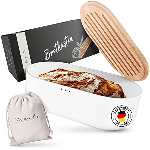 Vezato Brotbox – Nachhaltiger Brotkasten für lange Frische – Extra großer Brotkorb mit Bambusdeckel & Schneidebrett – Nachhaltiger Brotbehälter inkl. Brotsack