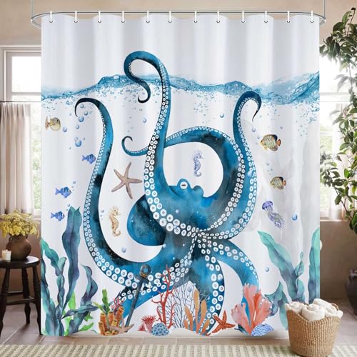 MCKTOM Duschvorhang mit nautischem Oktopus, lustiger Ozean, Strand, Meer, Monster, Tier, wasserdichter Stoff, Badvorhang, Dekoration, einzigartiges Badezimmer-Zubehör mit Haken, 183 x 183 cm