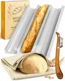 KRUSTENZAUBER Baguette Backform Antihaft inkl. Bäckerleinen u. Bäckermesser - 3er Baguette-Backblech - Ideal als Baguetteblech, Brotbackform, Baguetteform, Baguette Blech, Brot Backen Zubehör