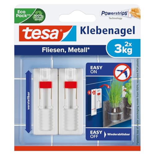 tesa Klebenagel Fliesen&Metalll, verstellbar, 2 Stück - anpassbarer Klebenagel für glatte und feste Oberflächen in Bad und Küche, 3 kg Haltekraft - ablösbar und wiederverwendbar