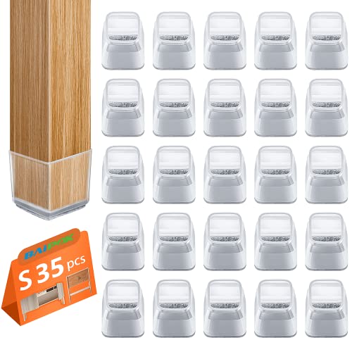 Stuhlbeinkappen Eckig, 35pcs Bodenschoner für Stühle, Schutzkappen für Stuhlbeine mit Filz, Klare Silikon Stuhlbeinschoner Zum Schutz von Böden, Klein(20-30mm)