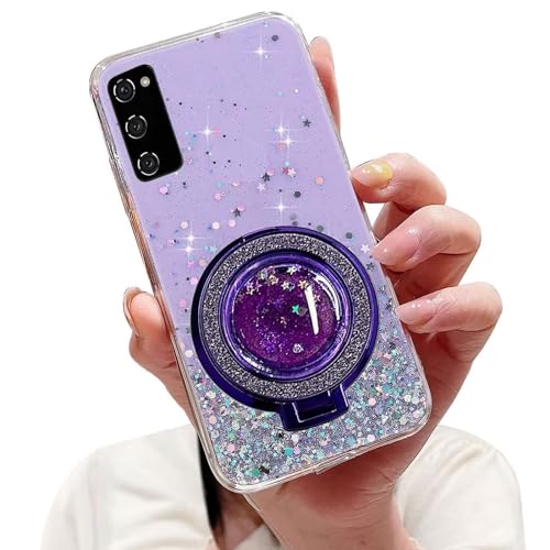 Tivenfezk Nadoli Sparkle Treibsand Ständer Hülle für Samsung Galaxy S20 Plus,Versteckt Ständer Ring Klar Glitzer Stern Handyhülle Durchsichtig Bling Schutzhülle Case Cover,Lila