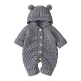 Neugeborene Baby Mädchen Jungen Kleidung Langarm Gestrickt Kapuze Strampler Body Overall Jacke Frühchenkleidung Erstausstattung Babysachen Set Herbst Winter Babykleidung Grau 0-6 Months