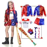 IEEILULU Quinn Kostüme Cosplay für Kinder, Kostüm Halloween Cosplay Set, Quinn Halloween Cosplay Kostüme Set Enthalten Jacke, T-Shirt, Shorts, Handschuh für Halloween Karneval Cosplay (140-150cm)