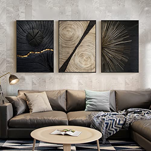 HEHGVCF 3 teilige Leinwand Linientextur Poster Gold, Schwarz Weiß Gold Jahresringe mit Bilder Set,Gold Jahresring Linien Leinwand Bilder,Wandkunst,Ohne Rahmen (A++B+C,50 x75cm)