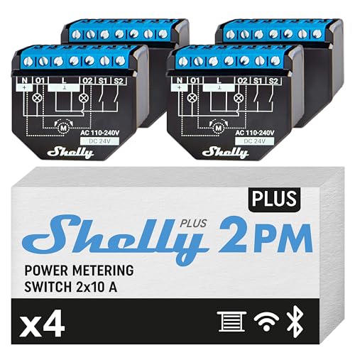 Shelly Plus 2PM 4er Pack Smart Home Doppel Relais Schalter, Digitale Steuerung per kostenloser App & WLAN, Funktioniert mit Alexa & Google Home, Garagentore & Rollläden steuern