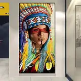 dsdsgog Leinwand Wandkunst Indigene Indianer Abstrakte Malerei Aquarell Poster Und Drucke Nordic für Wohnzimmer Wandbild Bilder 80x160cm Rahmenlos
