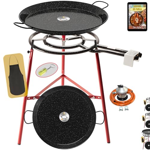 COMBOI Paella-Brenner-Set, Butangas, 50 cm, emaillierte Paella-Pfanne, 60 cm + 42 cm, Gasregler, Schlauch, Halterung verstärkte Beine, Ebene, Schürze, digitales Rezeptbuch