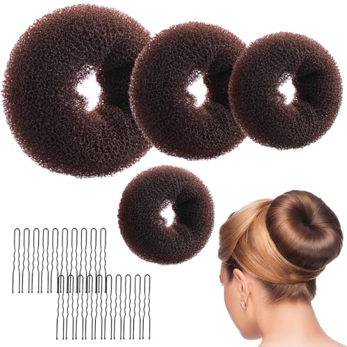 Sularpek Duttkissen Donut Hair Bun Maker Set 4 Stück - Frisurenhilfe Set,20 U-Form Haarspange Haarnadel, Duttkissen Haarstyling Haarschmuck für Kinder Mädchen Frauen (Braun)
