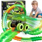 GleamKid Spielzeug ab 3 Jahre Autorennbahn Auto Set,Dinosaurier Auto Spielzeuge,Leucht Flexible Autorennbahn Rennbahn Kinder Spielzeug,Geschenk für Kinder ab 3 4 5 6 7 8 Jahre Jungen Mädche