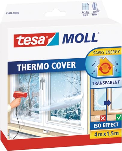 tesamoll Thermo Cover Fenster-Isolierfolie - Transparente Isolierfolie zur Wärmedämmung an Fenstern - Inklusive praktischer Klebelösung - 4 m x 1,5 m