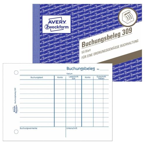 AVERY Zweckform 309 Buchungsbeleg (A6quer, mikroperforiert, von Rechtsexperten geprüft, für Deutschland zur lückenlosen Buchhaltung, mit T-Konto, Buchungstext inkl. Unterschriftenzeile, 50Blatt) weiß