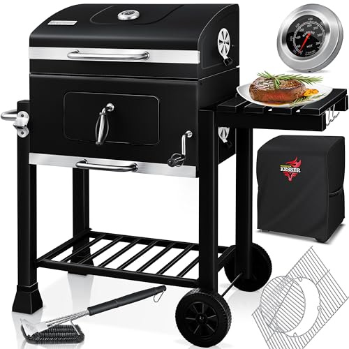 KESSER® Grill Grillwagen XL Holzkohlegrill mit Deckel, Rädern, Edelstahl-Griff, Grillrost, Bürste, Abdeckhaube und Thermometer Holzkohle kohlegrill Wagen groß Kohle BBQ Barbeque Camping, Garten