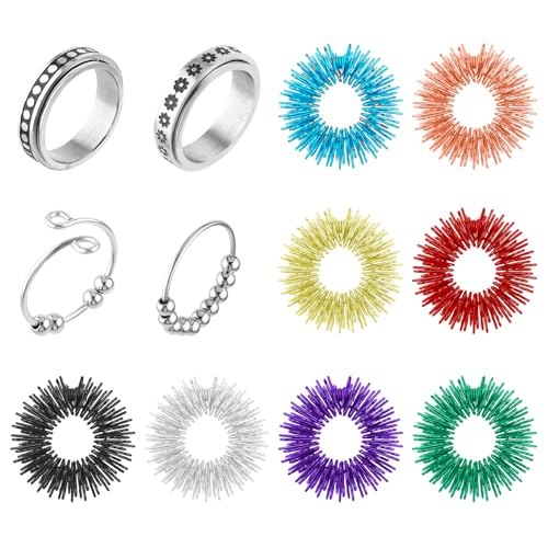 Aster 12 Stück Fidget Ring Set, 4 Stück Edelstahl Spinner Ringe & 8 Stück Massageringe, Massage Ring Zappelringe Verstellbare Fingerringe Sensorische Fingerringe, Anti Stress Ängstlichkeit Entlastung