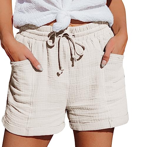 Nuaoxyeu Damen Bermuda Shorts Shorts Damen Sommer Musselin Leinen Kurze Hose Baggy Beach Mit Taschen Elastische Taille Stretchy Gerades Bein Bermuda