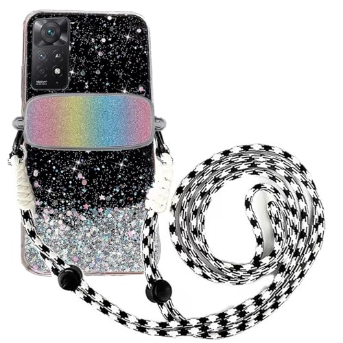 Tivenfezk Nadoli für Xiaomi Redmi Note 11 Glitzer Handykette Hülle,Silikon Bling Durchsichtig Crossbody Tasche zum Umhängen Schutzhülle mit Telefon Clip Halter Band