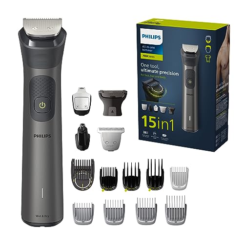 Philips Multigroom Series 7000, All-in-One-Trimmer, 15-in-1 Barttrimmer und Haarschneider für Gesicht, Kopf und Körper - ein Tool mit 26 Längeneinstellungen (0.5-20 mm) (Modell MG7950/15)