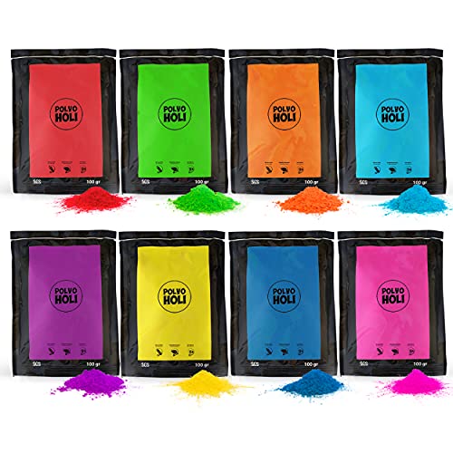 POLVO HOLI - Packung 800 g Pulver Holi - 8 Beutel à 100 g. - 8 Farben, Rot, grün, orange, blau, violett, gelb, Navy blau, Rosa