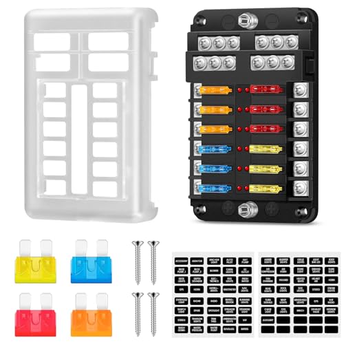 12 Fach kfz Sicherungshalter Sicherungskasten 12 Volt, 12V Flachsicherungshalter mit Schutzabdeckung, Sicherungsblock mit LED-Anzeige, 24 Flachsicherungen, für Auto LKW Boot VAN SUV Marine Fahrzeug