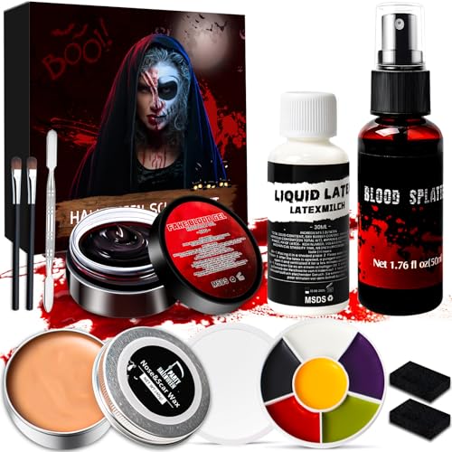 Schminke Halloween Make up Set für Erwachsene Kinder, mit Kunstblut Spray, Narbenwachs, Geronnenes Fake Blood, Face Paint für Faschingsschminke Theaterschminke Karneval Zombie Vampir Clown SFX