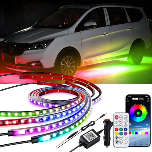 Verozza 4 teiliges Set Unterlicht Beleuchtung für Auto, App Steuerung, mehrfarbige Lichter, synchronisiert mit Musik, wasserdichte RGB Lichtstreifen für Autos, LKW und SUVs.