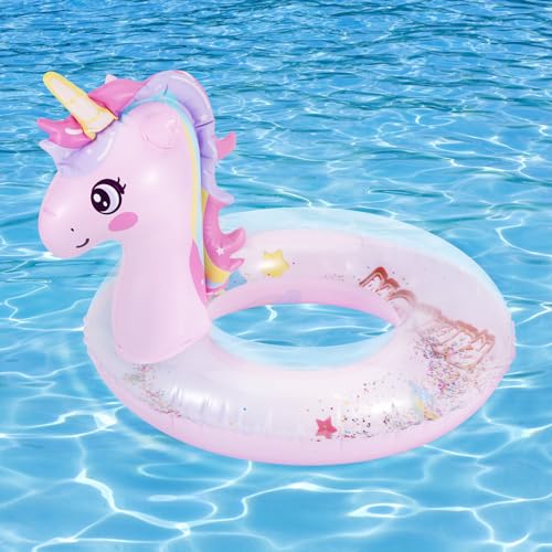 MoKo Aufblasbarer Schwimmring, Glitzer Pailletten Einhorn Cartoon PVC Wasserspielring, Schwimmreifen Wassersport Partyzubehör Tierform Schwimmringe für Kinder Sommer Schwimmbad Pool Strand, Pink