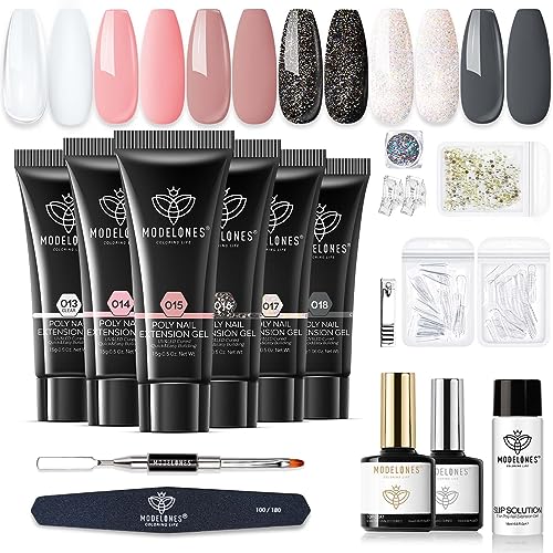 Modelones Polygel Starter Set, 6 Farben Glitzer Schwärze Klar Nude Polygel Set mit Base Top Coat Slip Solution Poly Nägel Quick Extension Builder Gel Maniküre Set fur gel nägel selber Machen